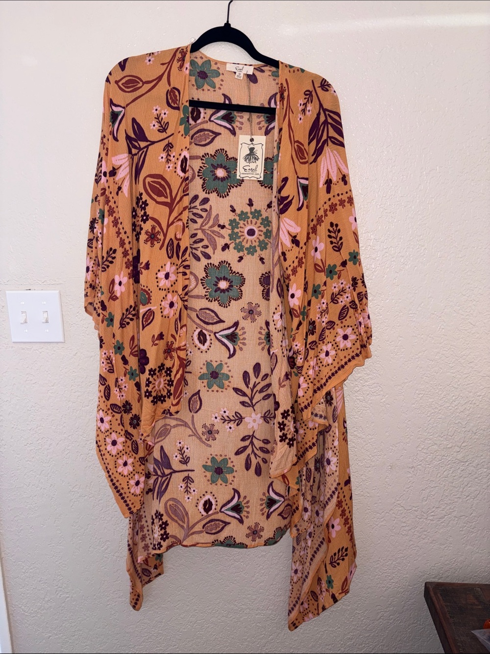 NWOT easel Floral Kimono Cardigan in Mustard with Pink & Green Accents